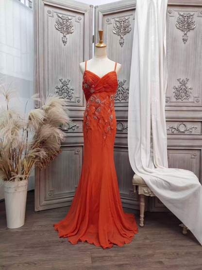Elegantes orangefarbenes Meerjungfrauen-Spaghettiträger-Perlenkleid aus Chiffon, langes Ballkleid, Abendkleid P4349