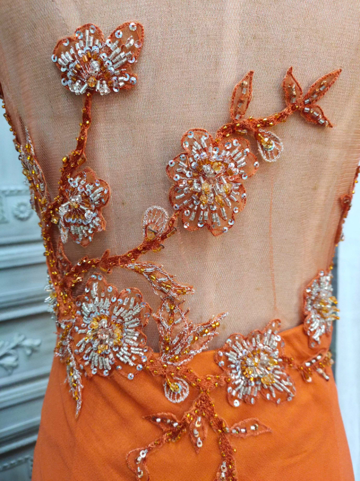 Elegantes orangefarbenes Meerjungfrauen-Spaghettiträger-Perlenkleid aus Chiffon, langes Ballkleid, Abendkleid P4349