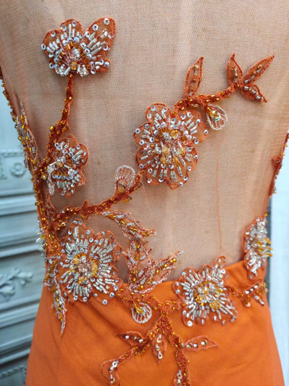 Elegantes orangefarbenes Meerjungfrauen-Spaghettiträger-Perlenkleid aus Chiffon, langes Ballkleid, Abendkleid P4349
