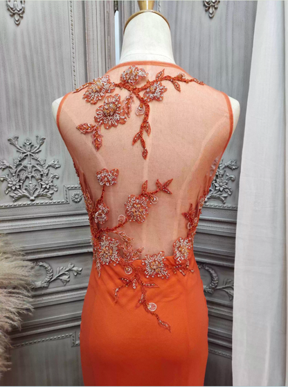 Elegantes orangefarbenes Meerjungfrauen-Spaghettiträger-Perlenkleid aus Chiffon, langes Ballkleid, Abendkleid P4349