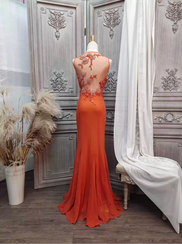Elegantes orangefarbenes Meerjungfrauen-Spaghettiträger-Perlenkleid aus Chiffon, langes Ballkleid, Abendkleid P4349