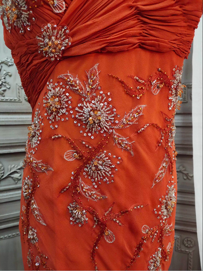 Elegantes orangefarbenes Meerjungfrauen-Spaghettiträger-Perlenkleid aus Chiffon, langes Ballkleid, Abendkleid P4349
