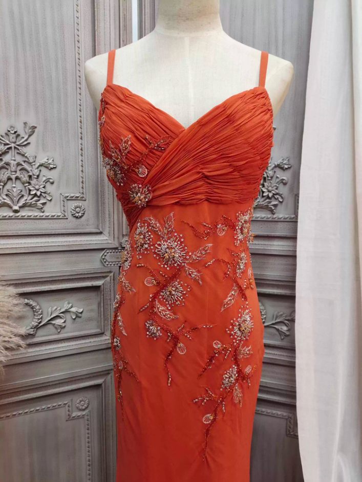 Elegantes orangefarbenes Meerjungfrauen-Spaghettiträger-Perlenkleid aus Chiffon, langes Ballkleid, Abendkleid P4349