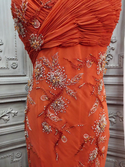 Elegantes orangefarbenes Meerjungfrauen-Spaghettiträger-Perlenkleid aus Chiffon, langes Ballkleid, Abendkleid P4349