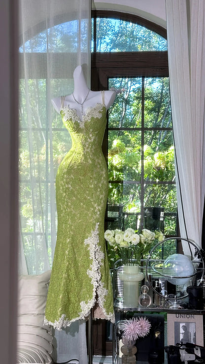 Frisches grünes Meerjungfrauen-Trägerloses, rückenfreies, überkreuztes Spitzen-langes Ballkleid Abendkleid P4035