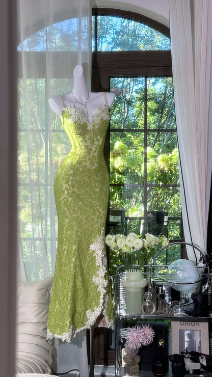 Frisches grünes Meerjungfrauen-Trägerloses, rückenfreies, überkreuztes Spitzen-langes Ballkleid Abendkleid P4035