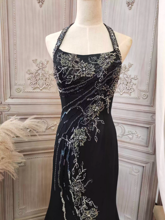 Robe de Soirée de Bal Longue en Mousseline Perlée Noire Vintage Col Halter Sirène P4350