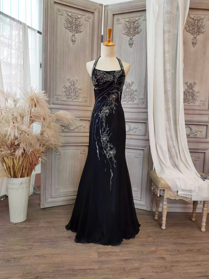 Vintage Schwarzes Meerjungfrau Halter Neck Perlen Chiffon Langes Ballkleid Abendkleid P4350
