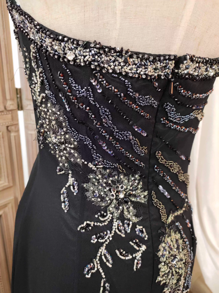 Vintage Schwarzes Meerjungfrau Halter Neck Perlen Chiffon Langes Ballkleid Abendkleid P4350