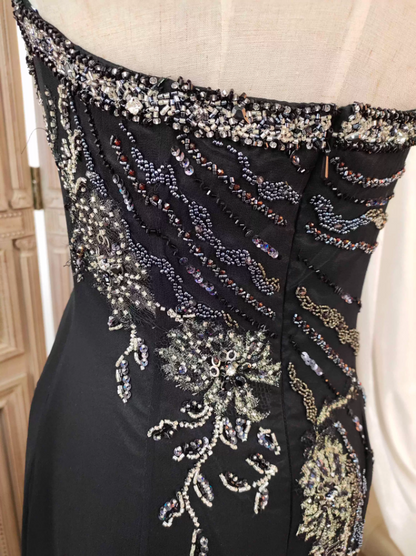 Vintage Schwarzes Meerjungfrau Halter Neck Perlen Chiffon Langes Ballkleid Abendkleid P4350