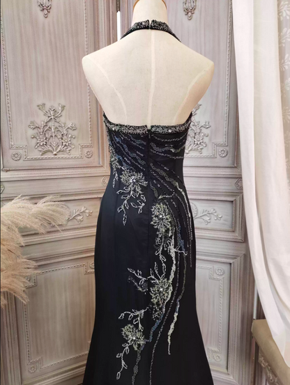 Vintage Schwarzes Meerjungfrau Halter Neck Perlen Chiffon Langes Ballkleid Abendkleid P4350