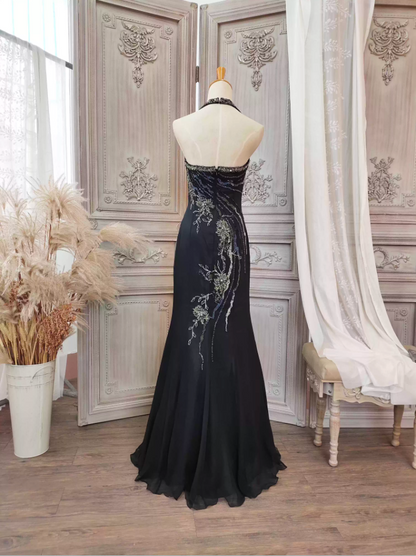 Vintage Schwarzes Meerjungfrau Halter Neck Perlen Chiffon Langes Ballkleid Abendkleid P4350