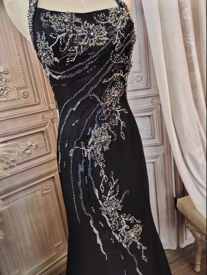 Vintage Schwarzes Meerjungfrau Halter Neck Perlen Chiffon Langes Ballkleid Abendkleid P4350