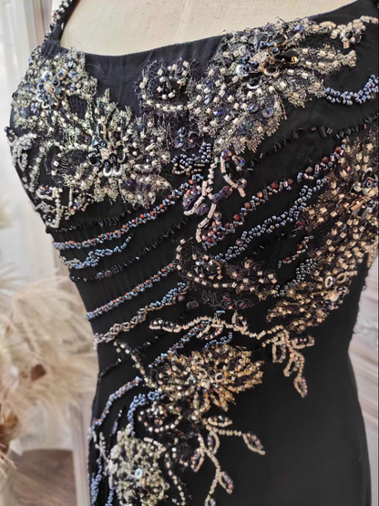 Vintage Schwarzes Meerjungfrau Halter Neck Perlen Chiffon Langes Ballkleid Abendkleid P4350