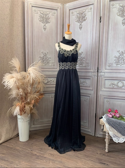 Vintage Hof Schwarz Stickerei Kreismuster Schwarzer Diamant Chiffon Langes Ballkleid Abendkleid P4353