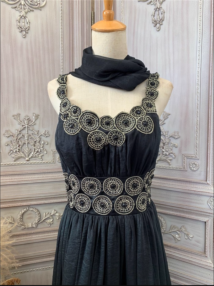 Vintage Hof Schwarz Stickerei Kreismuster Schwarzer Diamant Chiffon Langes Ballkleid Abendkleid P4353