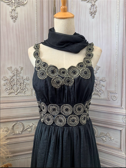Vintage Hof Schwarz Stickerei Kreismuster Schwarzer Diamant Chiffon Langes Ballkleid Abendkleid P4353
