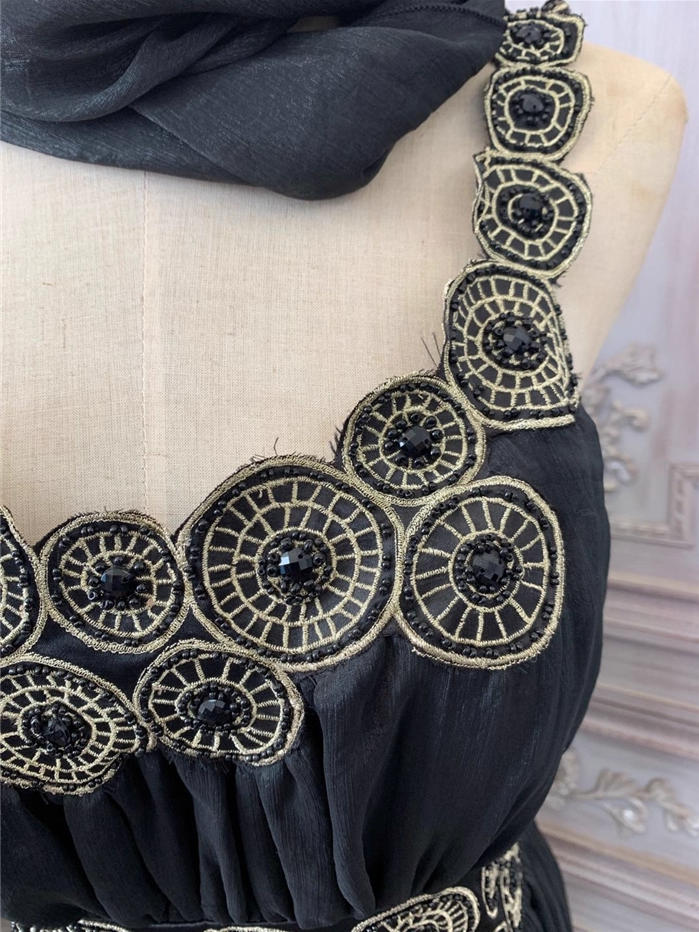 Vintage Hof Schwarz Stickerei Kreismuster Schwarzer Diamant Chiffon Langes Ballkleid Abendkleid P4353