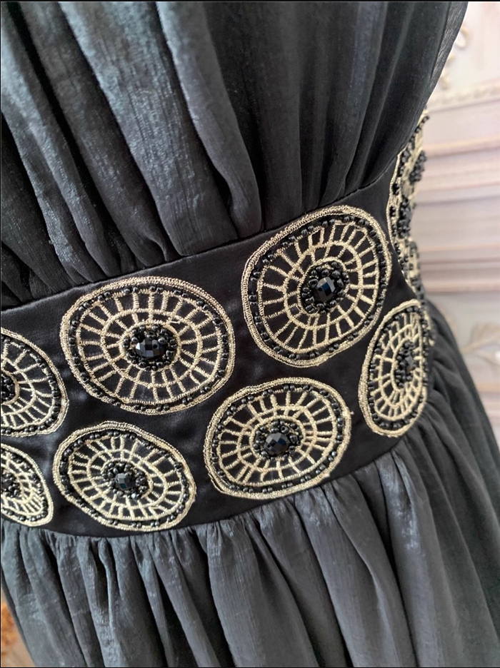 Vintage Hof Schwarz Stickerei Kreismuster Schwarzer Diamant Chiffon Langes Ballkleid Abendkleid P4353