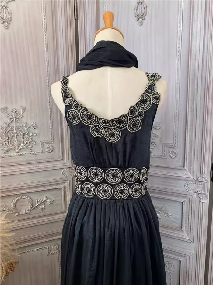 Vintage Hof Schwarz Stickerei Kreismuster Schwarzer Diamant Chiffon Langes Ballkleid Abendkleid P4353
