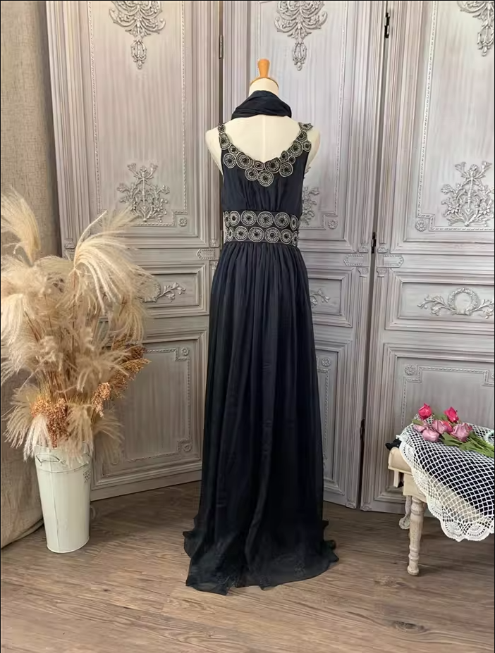Vintage Hof Schwarz Stickerei Kreismuster Schwarzer Diamant Chiffon Langes Ballkleid Abendkleid P4353