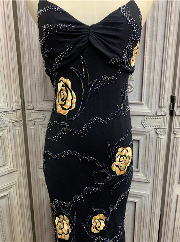 Vintage Schwarzes Meerjungfrau Spaghettiträger Gold Rosen Perlenstickerei Chiffon Langes Ballkleid Abendkleid P4355