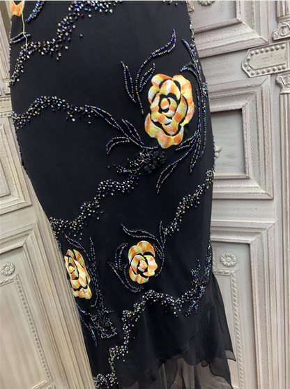 Vintage Schwarzes Meerjungfrau Spaghettiträger Gold Rosen Perlenstickerei Chiffon Langes Ballkleid Abendkleid P4355