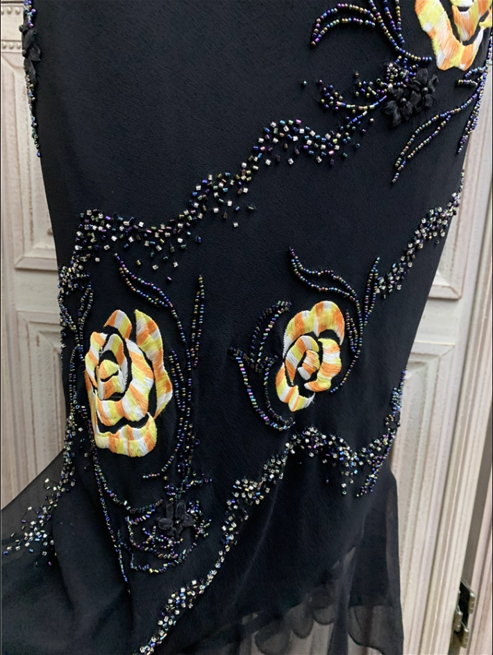 Vintage Schwarzes Meerjungfrau Spaghettiträger Gold Rosen Perlenstickerei Chiffon Langes Ballkleid Abendkleid P4355