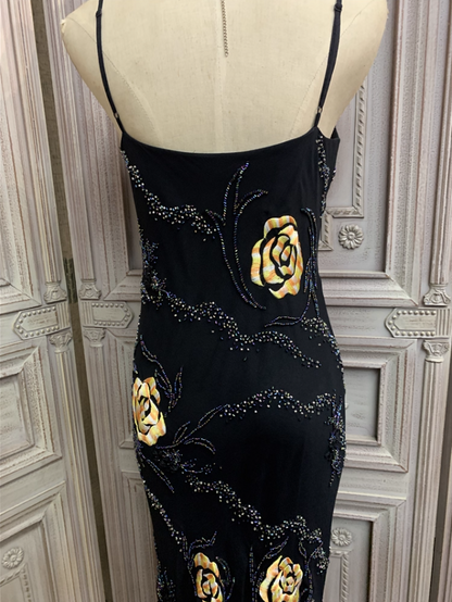 Vintage Schwarzes Meerjungfrau Spaghettiträger Gold Rosen Perlenstickerei Chiffon Langes Ballkleid Abendkleid P4355