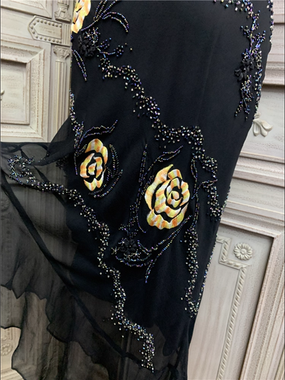 Vintage Schwarzes Meerjungfrau Spaghettiträger Gold Rosen Perlenstickerei Chiffon Langes Ballkleid Abendkleid P4355