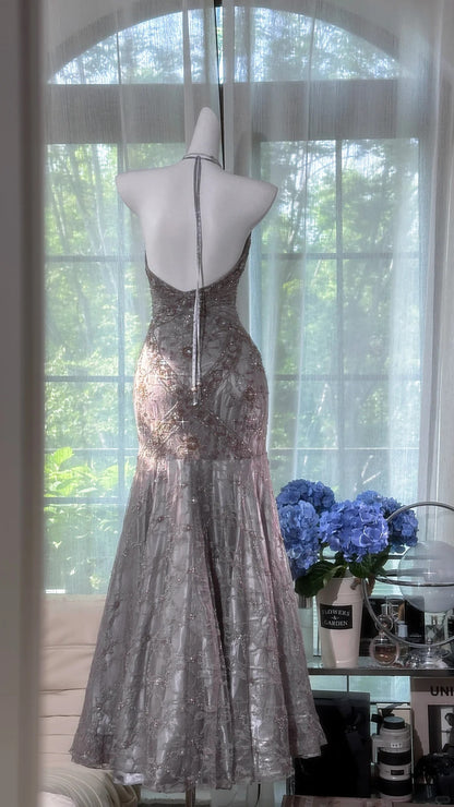 Vintage Silbergraues Meerjungfrau Abendkleid Rückenfrei Perlen Spitze Lang Ballkleid P4036