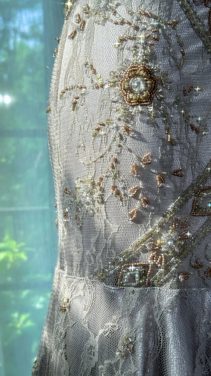 Vintage Silbergraues Meerjungfrau Abendkleid Rückenfrei Perlen Spitze Lang Ballkleid P4036