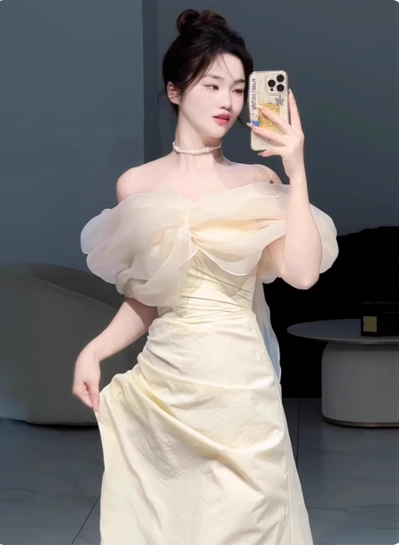 Süßes Cremegelb A-Linie Carmen-Ausschnitt Schleifenverziert Hoher Schlitz Satin Langes Ballkleid Abendkleid P4360