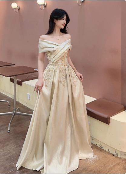 Vintage Champagner Gold Carmen-Ausschnitt Besticktes Satin Langes Ballkleid Abendkleid P4361