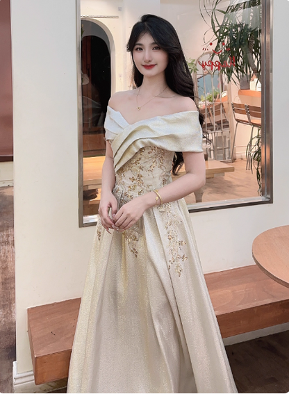 Vintage Champagner Gold Carmen-Ausschnitt Besticktes Satin Langes Ballkleid Abendkleid P4361