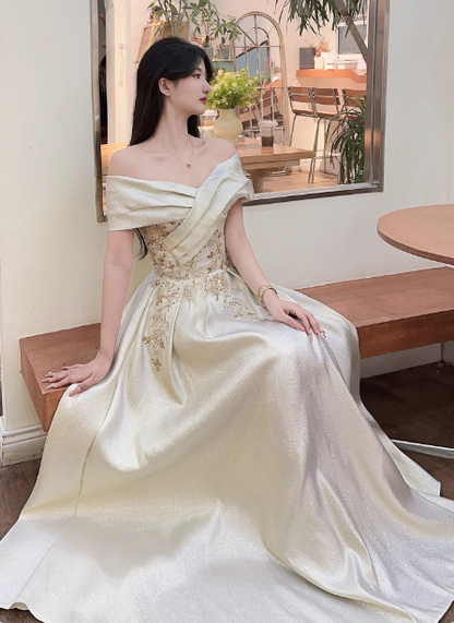 Vintage Champagner Gold Carmen-Ausschnitt Besticktes Satin Langes Ballkleid Abendkleid P4361