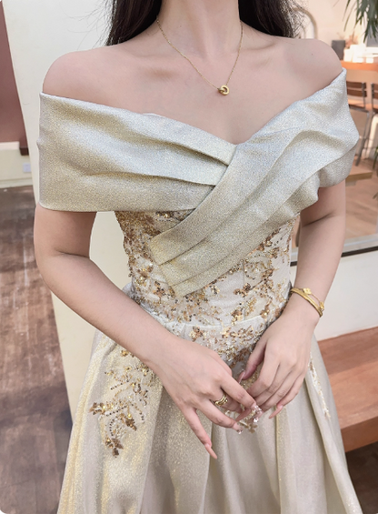 Vintage Champagner Gold Carmen-Ausschnitt Besticktes Satin Langes Ballkleid Abendkleid P4361