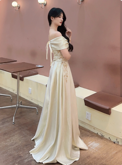 Vintage Champagner Gold Carmen-Ausschnitt Besticktes Satin Langes Ballkleid Abendkleid P4361