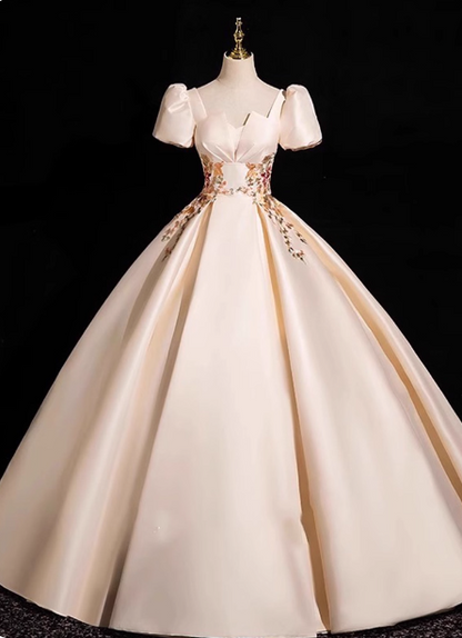 Prinzessin Helles Champagner Kurzarm Blumenbesticktes Ballkleid Abendkleid P4363