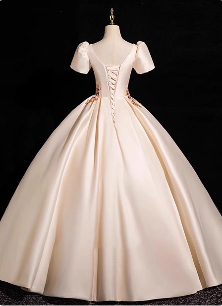 Prinzessin Helles Champagner Kurzarm Blumenbesticktes Ballkleid Abendkleid P4363