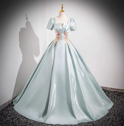 Prinzessin Helles Champagner Kurzarm Blumenbesticktes Ballkleid Abendkleid P4363