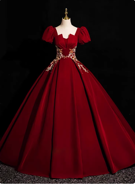 Prinzessin Helles Champagner Kurzarm Blumenbesticktes Ballkleid Abendkleid P4363