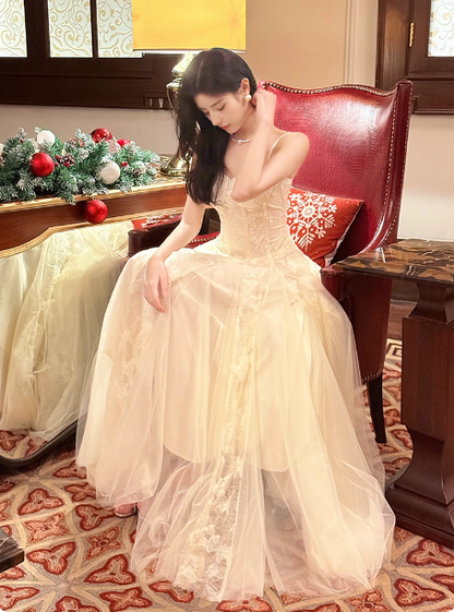 Süße Creme Aprikose A-Linie Spaghettiträger Spitze Tüll Langes Ballkleid Abendkleid P4365