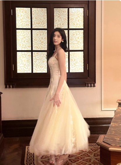Süße Creme Aprikose A-Linie Spaghettiträger Spitze Tüll Langes Ballkleid Abendkleid P4365