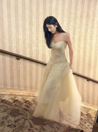 Süße Creme Aprikose A-Linie Spaghettiträger Spitze Tüll Langes Ballkleid Abendkleid P4365