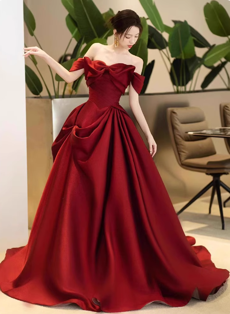 Elegantes burgunderrotes A-Linien-Off-Shoulder-Abendkleid aus Satin mit Schleifen-Verzierung P4366