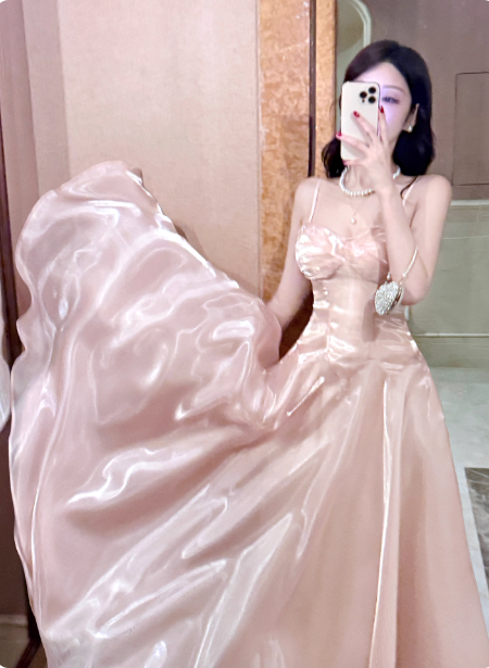 Süßes Prinzessinnen-Pink A-Linien-Spaghettiträger-Satin-langes Ballkleid Abendkleid P4367
