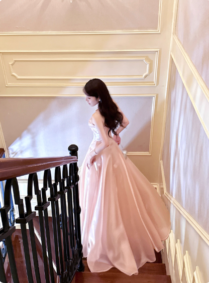 Süßes Prinzessinnen-Pink A-Linien-Spaghettiträger-Satin-langes Ballkleid Abendkleid P4367
