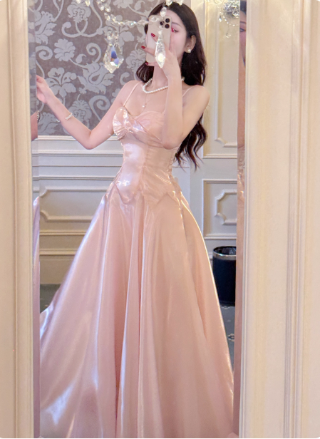 Süßes Prinzessinnen-Pink A-Linien-Spaghettiträger-Satin-langes Ballkleid Abendkleid P4367