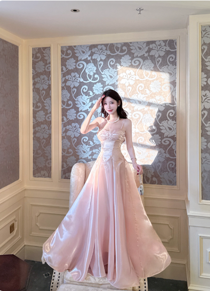 Süßes Prinzessinnen-Pink A-Linien-Spaghettiträger-Satin-langes Ballkleid Abendkleid P4367